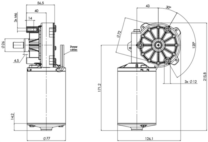 Disegno tecnico GMR-77-43-Z1-A Motoriduttori CC diametro 77 - Interasse 43 - Elvi