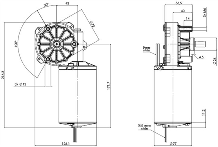 Technical drawing GML-77-43-Z1-A-H Gear motor CC Diameter 77 Pitch 43-Elvi