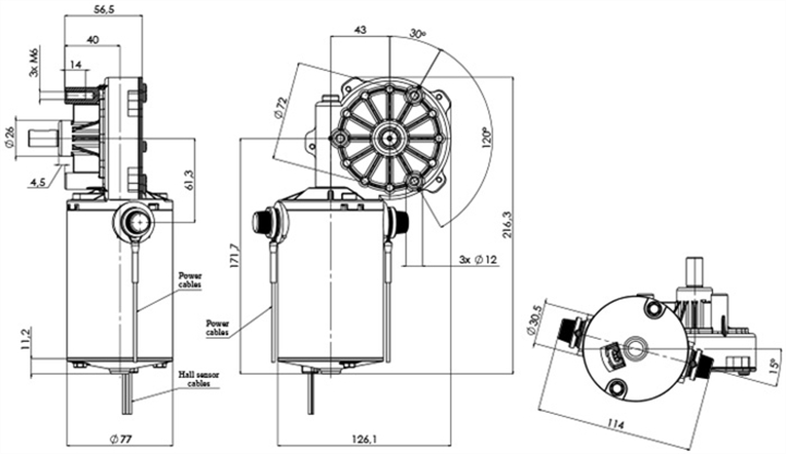 Disegno tecnico GMR-77-43-Z3-X-H Motoriduttori CC diametro 77 - Interasse 43 - Elvi