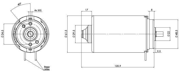 Disegno tecnico M-61,5-P Motore elettrico CC Diametro 61,5 -Elvi