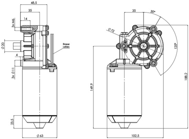 Disegno tecnico GMR-63-P-35-Z1-A Motoriduttore CC diametro 63 interasse 35 - Elvi