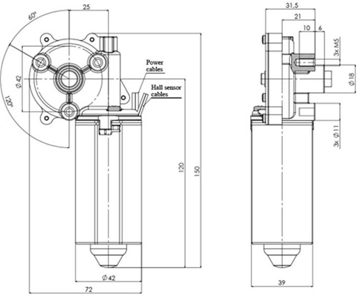 Technical drawing GML-42-25-Z1-H Gear motor CC Diameter 42 Pitch 25 -Elvi