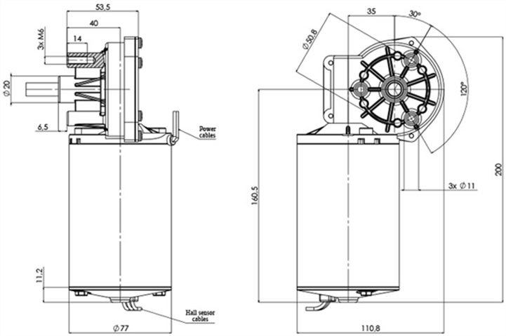 Disegno tecnico GMR-77-35-Z2-H Motoriduttore CC diametro 77 interasse 35 -Elvi