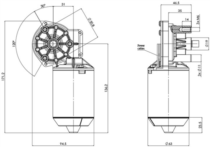 Technical drawing GML-63-31-Z4 Gear motor CC Diameter 63 Pitch 31-Elvi