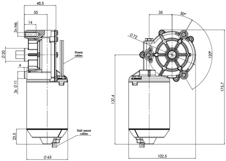 Disegno tecnico GMR-63-35-Z1-A-H Motoriduttore CC diametro 63 interasse 35 - Elvi