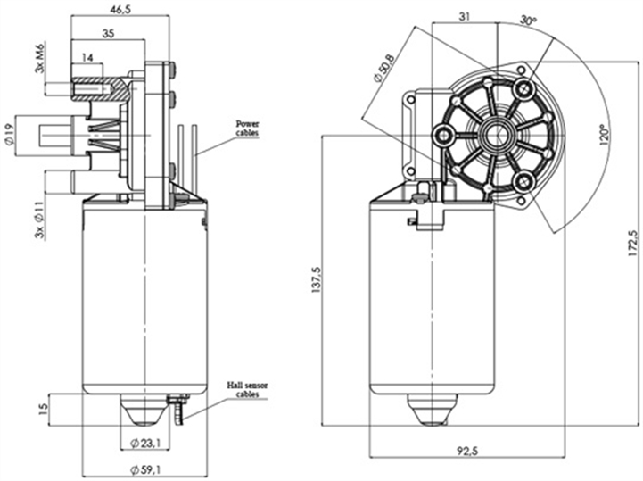Disegno tecnico GMR-59-31-Z3-H Motoriduttori CC diametro 59 interasse 31 - Elvi