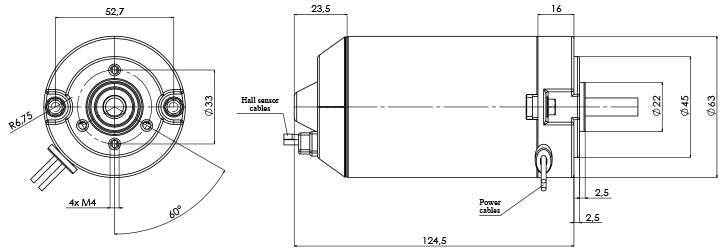 Technische Zeichnung M-63-P-H Elektromotor DC Durchmesser 63 -Elvi