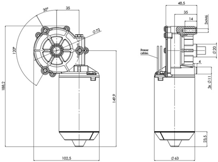 Disegno tecnico GML-63-P-35-Z1-A Motoriduttore CC diametro 63 interasse 35 - Elvi