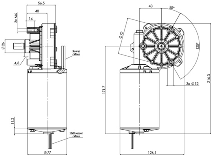 Disegno tecnico GMR-77-43-Z1-A-H Motoriduttori CC diametro 77 - Interasse 43 - Elvi