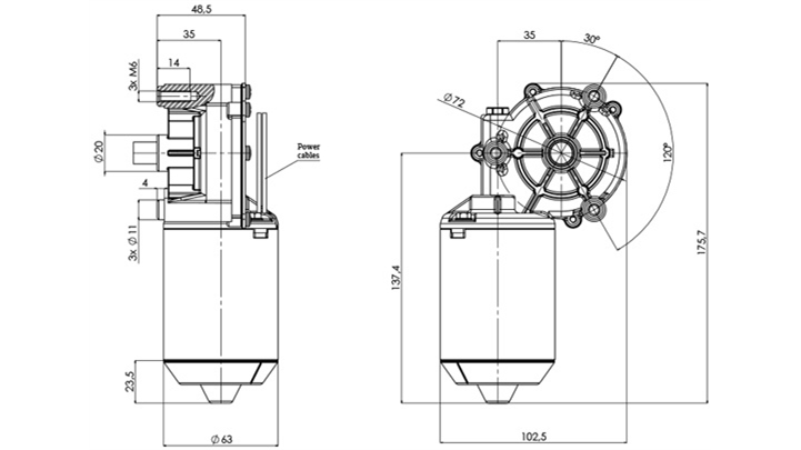 Disegno tecnico GMR-63-35-Z1-B Motoriduttore CC diametro 63 interasse 35 - Elvi