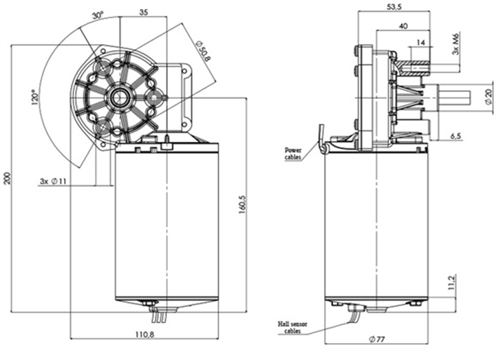 Technical drawing GML-77-35-Z1-H Gear motor CC Diameter 77 Pitch 35-Elvi 35 -Elvi