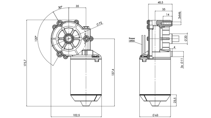 Disegno tecnico GML-63-35-Z1-B Motoriduttore CC diametro 63 interasse 35 - Elvi