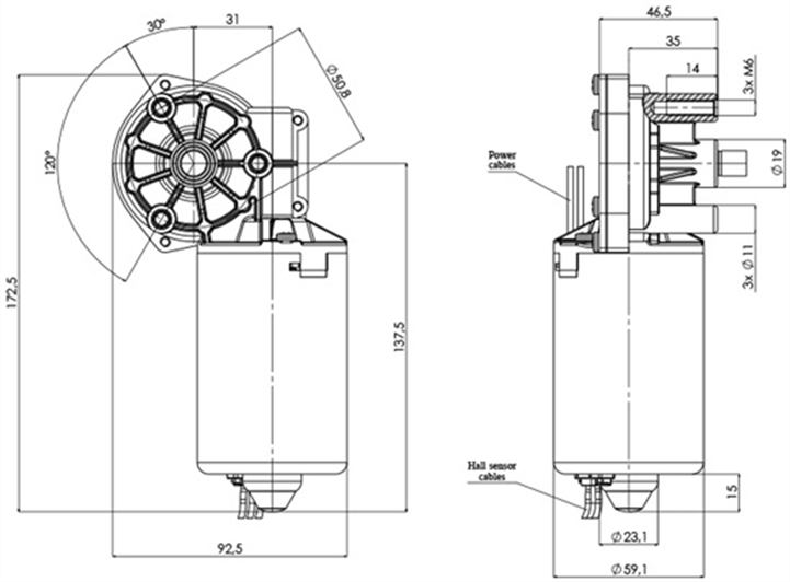 Technical drawing GML-59-31-Z3-H Gear motor CC Diameter 59 Pitch 31-Elvi