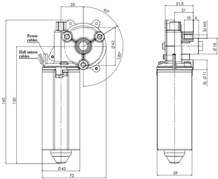 Disegno tecnico GMR-42-P-25-Z1-H Motoriduttori CC diametro 42 interasse 25 - Elvi
